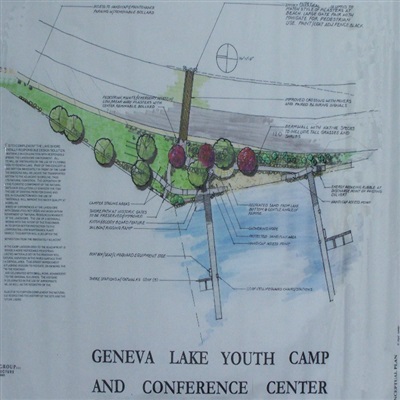 Plan view of Lake Geneva Youth Camp and Conference Center, approved conceptual master plan.

Plan shows existing grandfathered pier from the Maytag Estate, ADA accessibility to the piers, a central staging area for the campers, improved swim beach and fourth bay of treatment facility for runoff water from the upland reaches of the watershed, emergency access point to lake for EMS, and route for shorepath.
