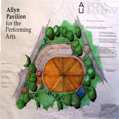Illustrated Master Plan, Allyn Pavilion, George Williams College Campus, Aurora University.

The footprint of a razed significant original building became the edge for the performance level plaza.  This project sparked the renaissance of 'Music on the Lake', an event with historic roots to the area and which had been abandoned for several years.  