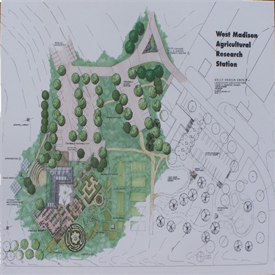 Rendered presentation board, conceptual master plan, West Madison Agricultural Research Station, an educational and research facility for development and use of improved landscape and horticultural methodology.