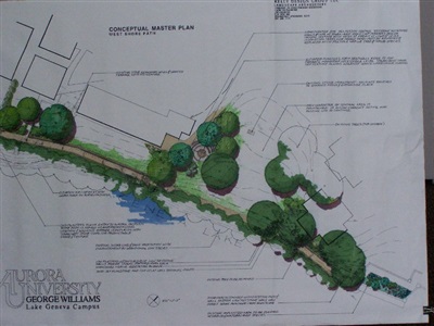 Rendered conceptual plan: western portion of shoreline, George Williams College, Aurora University.

Amphitheater is in the center of plan.  Shorewalk follows edge of Geneva Lake and was constructed as a stormwater management device with subsurface water quality improvement structure. 