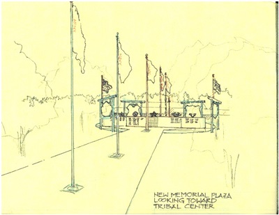 Lac du Flambeau Ojibwe, conceptual illustration, veterans memorial plaza

This is the most formal of several concepts.  Design incorporates a repurposed wall and relocated memorial shields.  Flags of all branches of service lead the eye toward the wall of honor.  Beyond this wall and closest to the tribal center is a spirit pole, a culturally significant memorial element to the Ojibwe.

Design opportunities included limited budget and desire to have all veterans honored in one location.