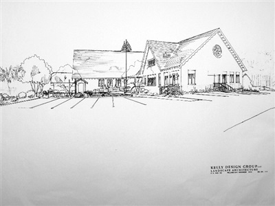 Presentation sketch for committee review for redesign of exterior of church grounds.  Design included universal accessibility, parking, pedestrian circulation, casual seating, and a reflection garden.

Fontana Community Church, WI.