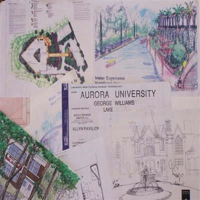 Clockwise from top left: 
Biomedical campus, San Diego, CA
Destination resort, Spain
Conceptual drawing, Entry fountain, private residence
Illustration, former Water Safety Patrol building
Construction documents, George Williams Campus, Aurora University