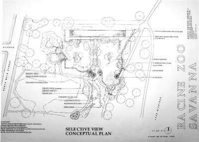Racine zoo master plan.  Design included the creation of a Sudano savannah ecotype housing several species including black rhino, Grevi zebra, crested crane, kudu and other antelope, and giraffe.  The design of the interactive savannah included 'kreeps', or areas where the animals could seek shelter from the rhinos.  Plant communities within the exhibit and along the pedestrian area were designed to evoke the subsahara region of central Africa, on the shores of Lake Michigan! 
