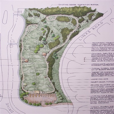 Master Plan, Dog Park, Lake Geneva, WI

Design includes separate areas for small and mixed-size dogs and addresses varied existing plant materials and topography.  Included in the plan are mltiple seating areas, fountains for humans and dogs, and multiple waste collection stations.  Each side has a target area for male dogs.  Visual screening of both dog park and parking area was central to the design.  Parking area is permeable to contain runoff from the site.  Overall design ethic was proposed to be complementary to the existing neighborhood. 