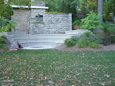 Amphitheater with firepit meeting ADA handicap accessibility requirements, George Williams College Campus, Aurora University.