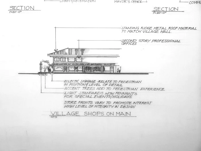 architectural landscape design colored print of village shops